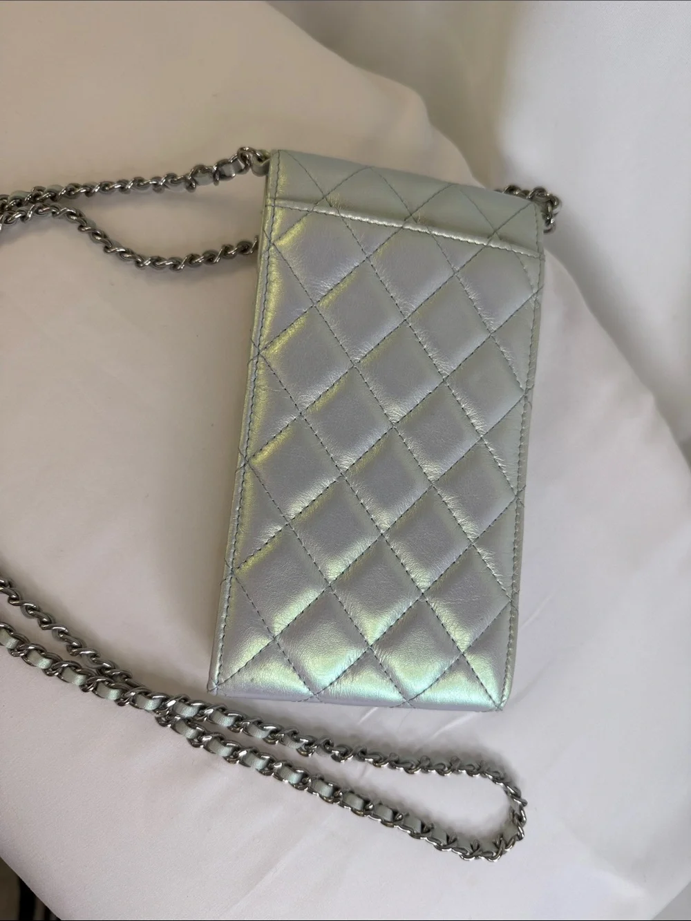 CHANEL Iridescent Quilted Silver Chain Phone Crossbody